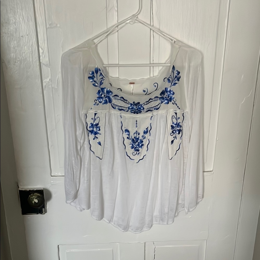 Embroidered White and Blue Women's Top